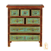 Indian Hand Painted Green Garden Mango Wood Chest of 7 Drawers / Large Chest of Drawer for Living Room | Traditional Side Table with Drawers.