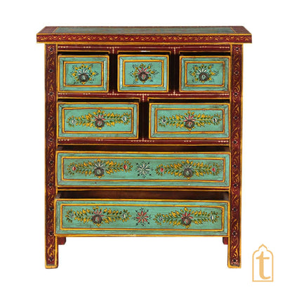Indian Hand Painted Green Garden Mango Wood Chest of 7 Drawers, Large Chest of Drawer for Living Room | Traditional Side Table with Drawers.