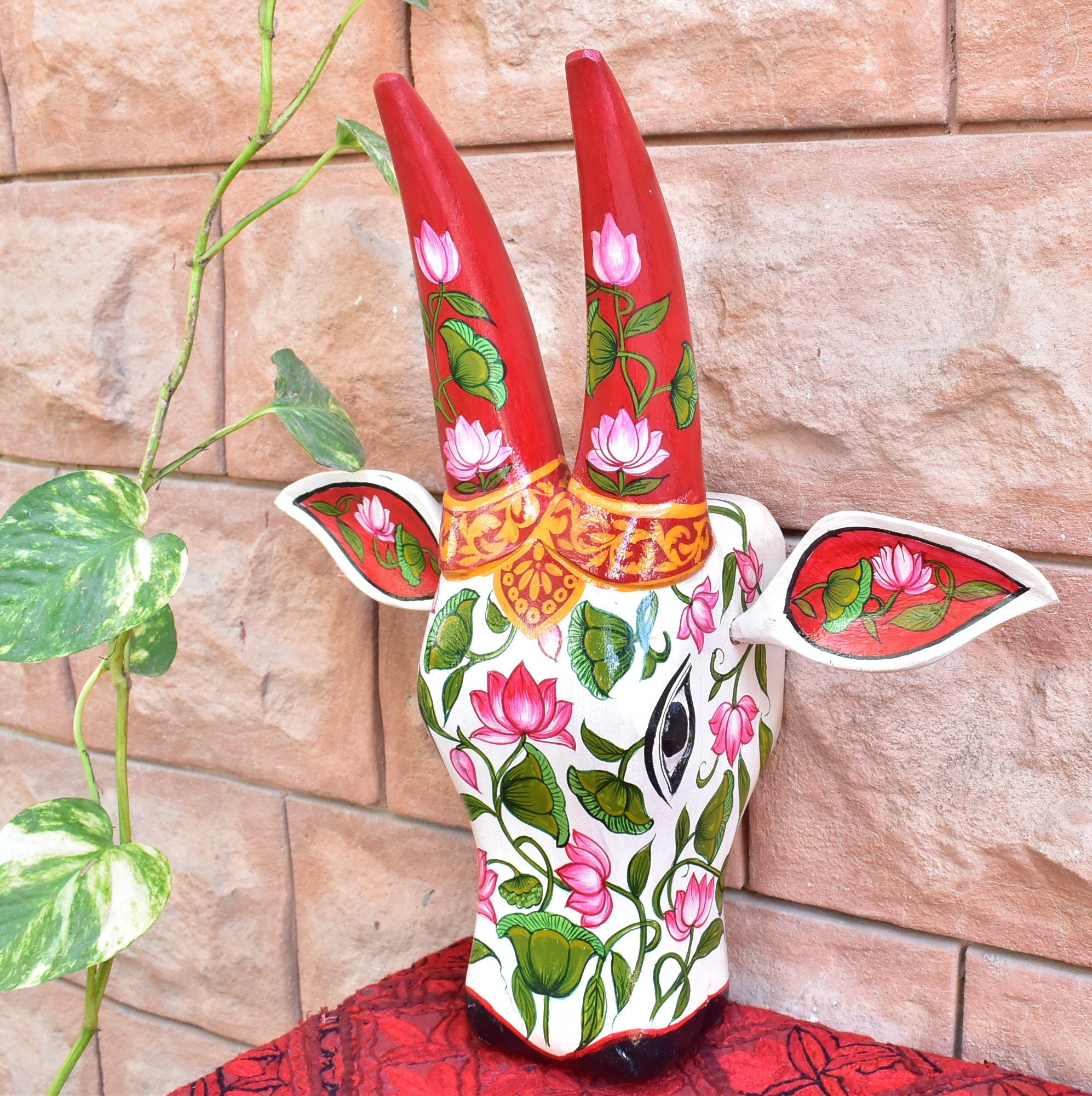 Wooden Painted Bull | Nandi | Cow | head | face mask for wall décor. 14” long. Handmade artwork for interior from Kerala India.
