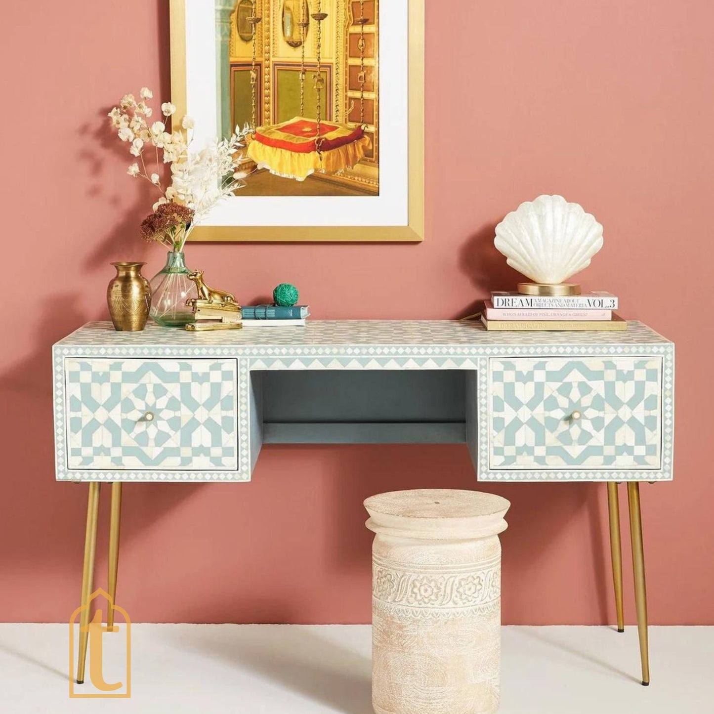 Bone inlay Work Desk | laptop table | console table | Bone Inlay Wooden Console Table Bone Inlay Desk With 2Drawer Furniture With Metal Leg.