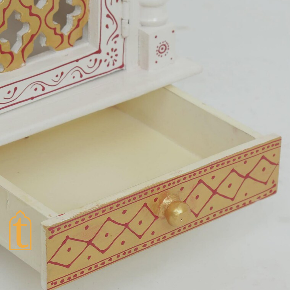Handcrafted Wooden Wall Mounted Mandir: Home Pooja Ghar with Drawers