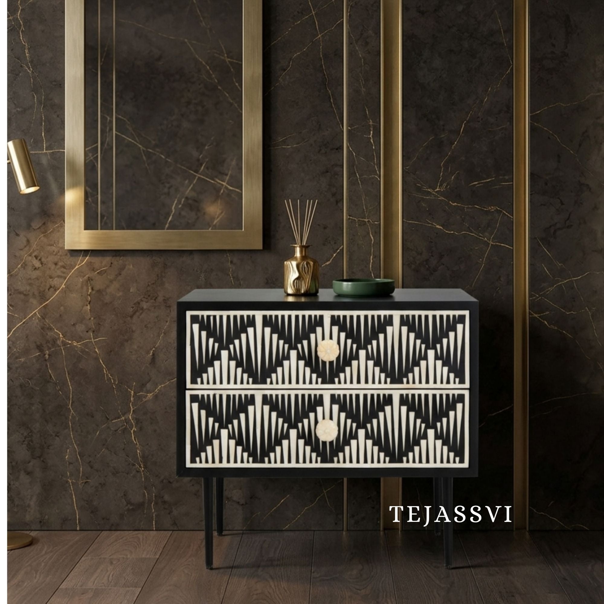 Handmade Bone Inlay Bedside Table For Black Color, Bone Inlay Table ,  Strip Design Bedside Table, Bone Inlay Cocktail Table