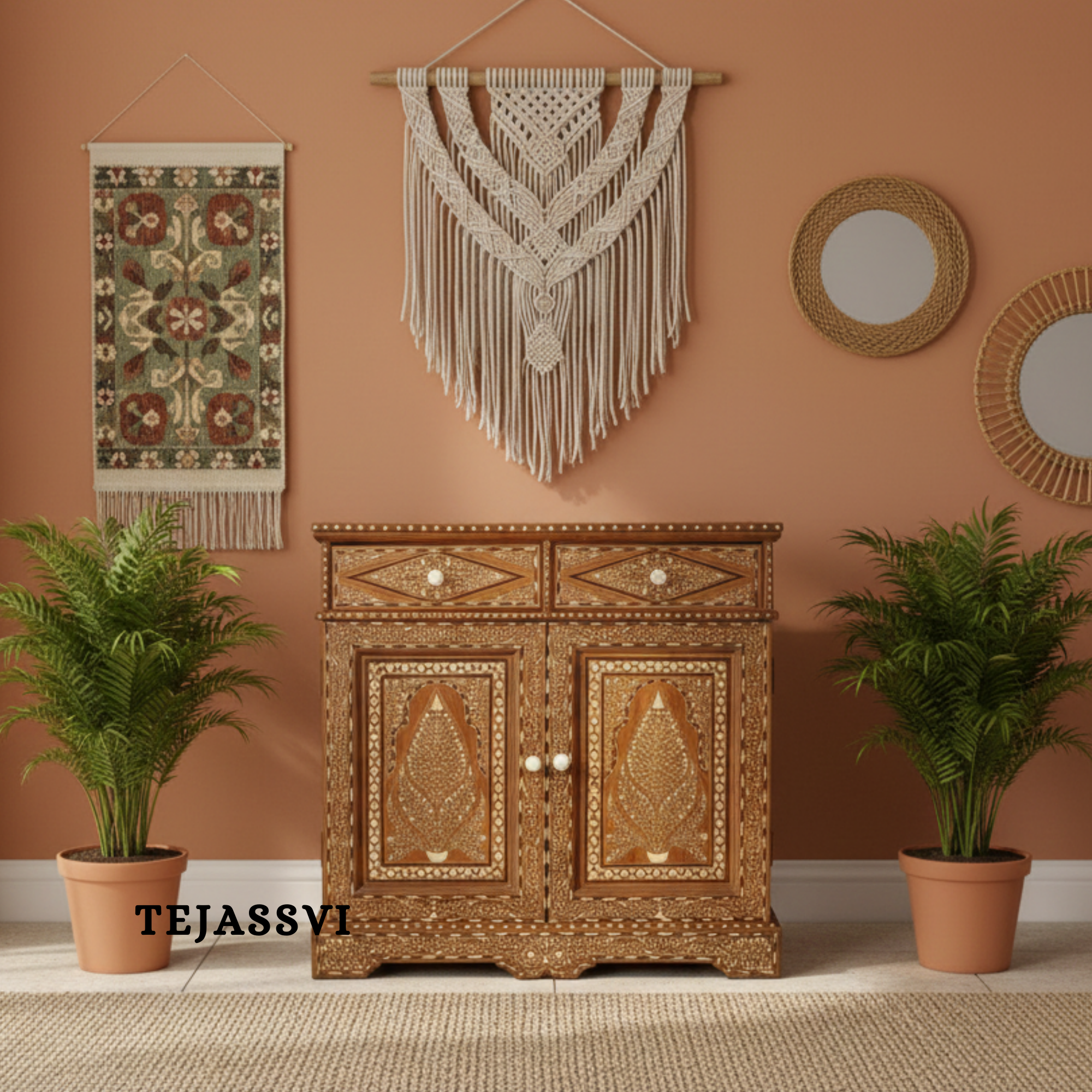 Handmade Wood Bone Inlay Modern Sideboards / Wood Bone Inlay Console | Wood Bone Inlay Cabinet With 2 Drawer & 2 Door Furniture  | Wooden Sideboards | Luxury Furniture.