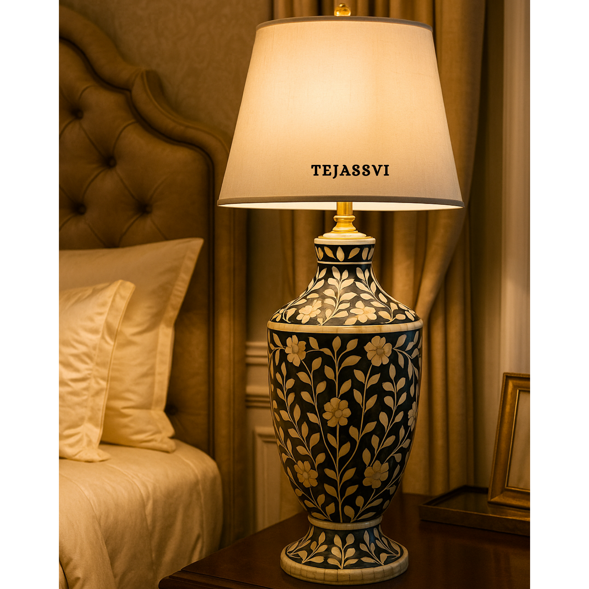 Bone Inlay Floral Pattern Black Resin Lamp for Bedroom