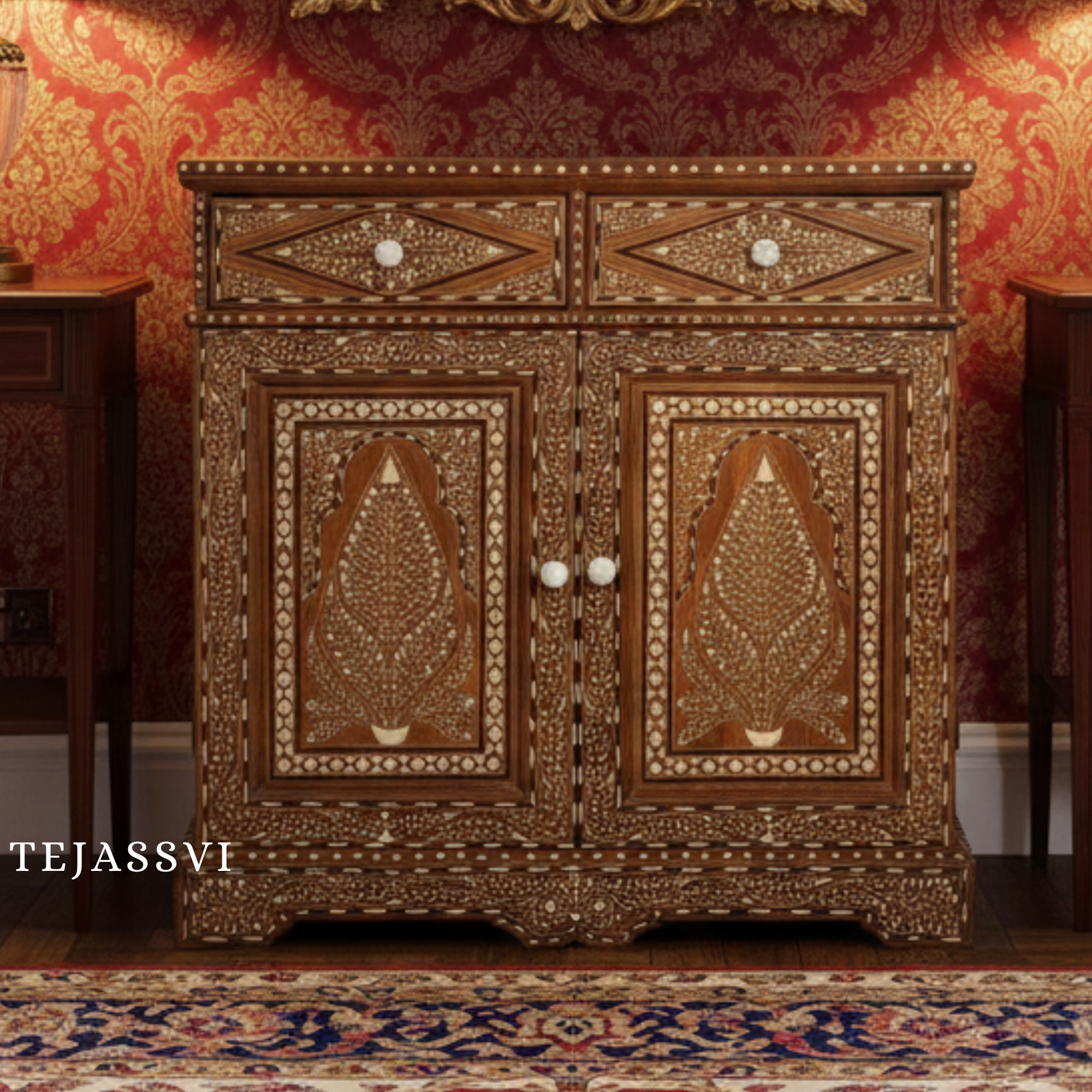 Handmade Wood Bone Inlay Modern Sideboards / Wood Bone Inlay Console | Wood Bone Inlay Cabinet With 2 Drawer & 2 Door Furniture  | Wooden Sideboards | Luxury Furniture.