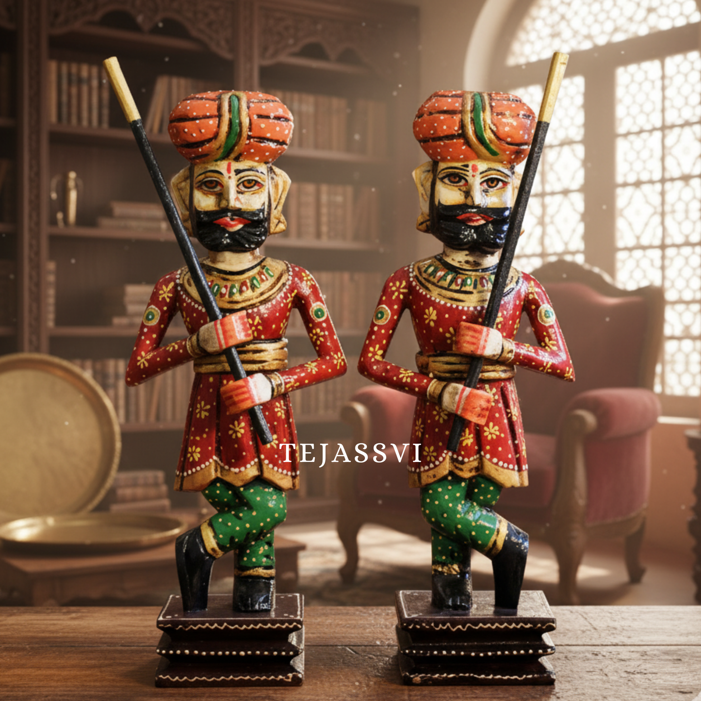 Wooden Hand-Painted Chowkidar Set of 2 / Hand-Painted Rajasthani Wooden Statues /Decorative Painting Chowkidar / Home and Hotel door Chowkidar / Decorative Chowkidar.