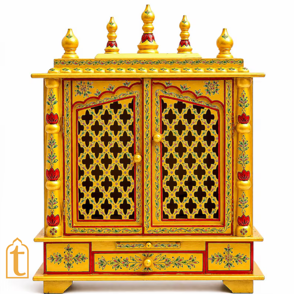 Handcrafted Wooden Temple Mandir: Gold Painted Hindu Pooja Ghar
