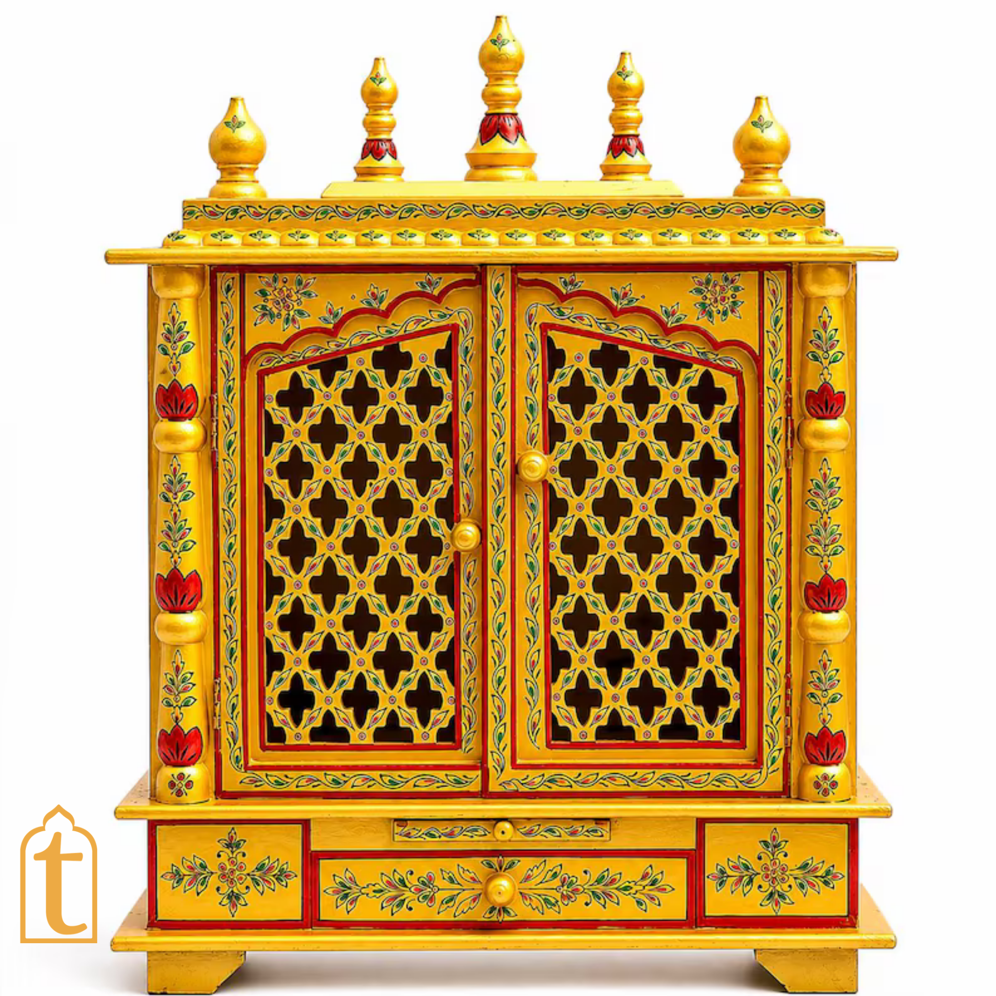 Handcrafted Wooden Temple Mandir: Gold Painted Hindu Pooja Ghar