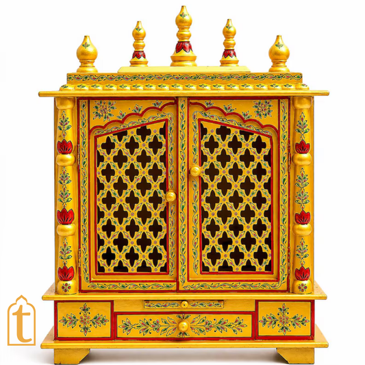 Handcrafted Wooden Temple Mandir: Gold Painted Hindu Pooja Ghar