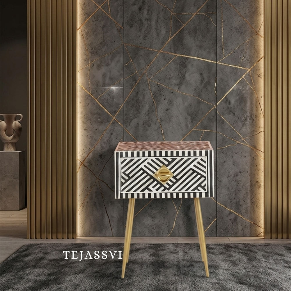 Bone Inlay Bedside Table for 1 Drawer / Bone Inlay Table / Strip Design Bedside Table / Bone Inlay Cocktail Table . (Copy)