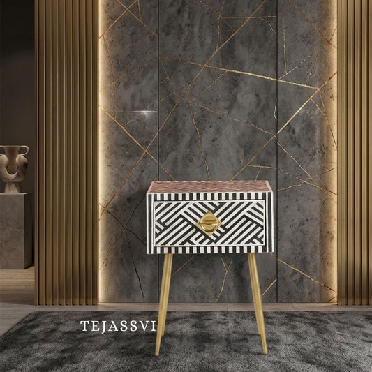 Bone Inlay Bedside Table for 1 Drawer / Bone Inlay Table / Strip Design Bedside Table / Bone Inlay Cocktail Table . (Copy)