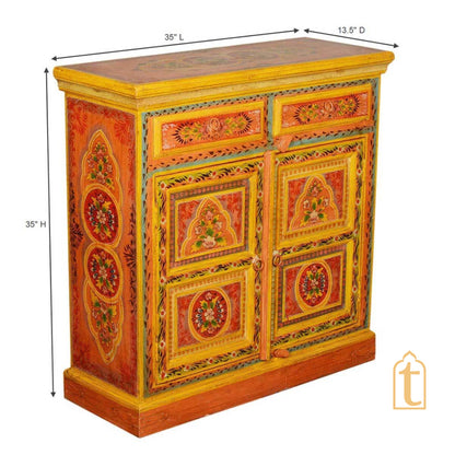 2 Drawer Hand Painted Storage Cabinet / Hand Painted Mango Wood Large Chest of Drawers for Living Room / Traditional Side Table with Drawers.