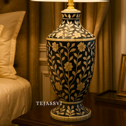 Wooden Bone Inlay Floral Pattern Lamp for Bedroom / Bone Inlay Bed Room Lamp / Bedroom Décor Lamp / Handmade Inlay Table Lamp Home Décor Accent Light