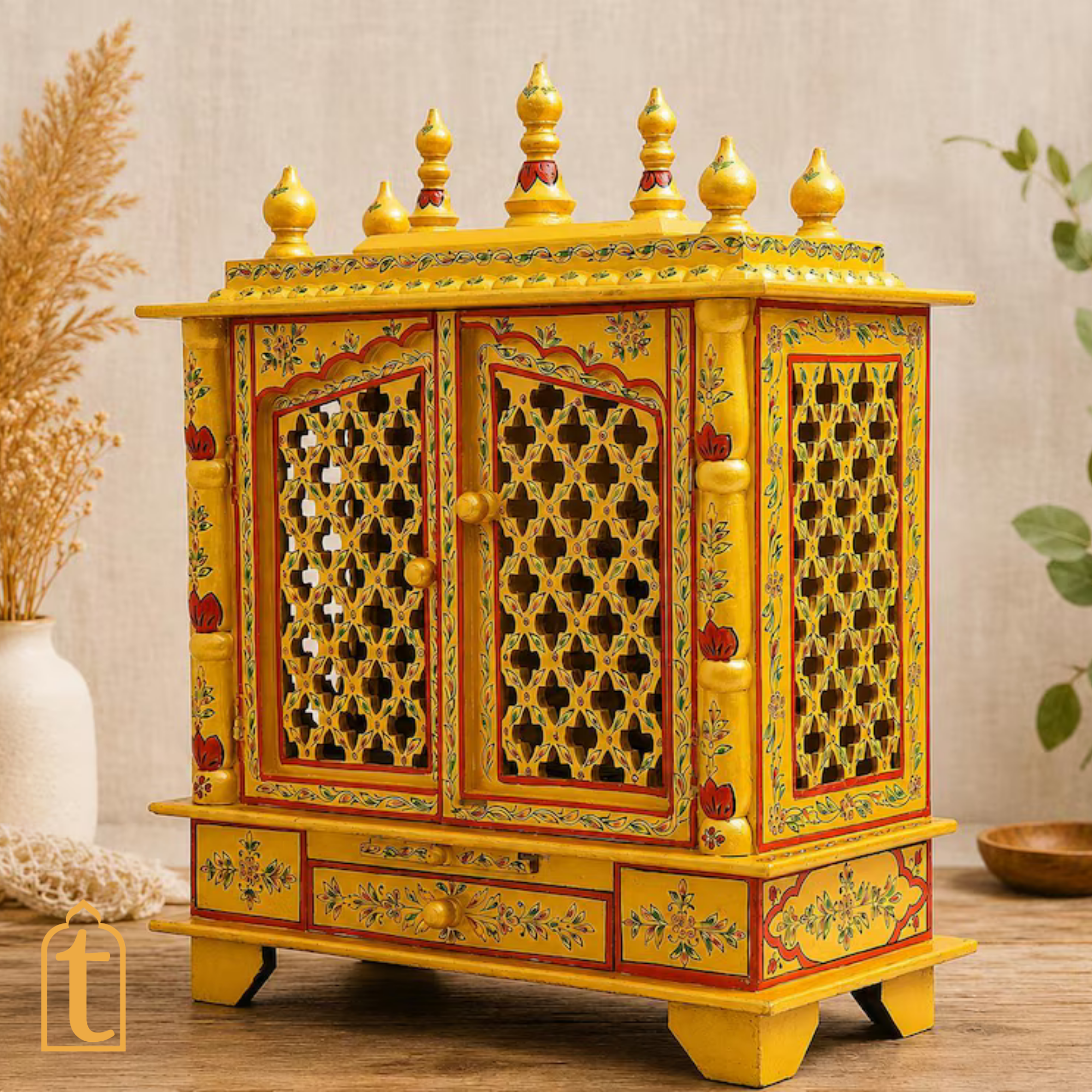 Handcrafted Wooden Temple Mandir: Gold Painted Hindu Pooja Ghar