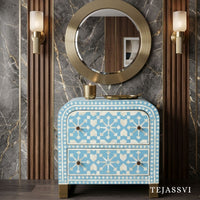 Bone Inlay Semi Round Geometric Pattern Design Small Sideboard / Bone Inlay Night Table / Bone Inlay Side Table / Bone Inlay Chest of Drawers For Bedroom.