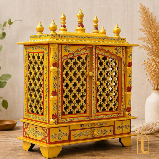 Handcrafted Wooden Temple Mandir: Gold Painted Hindu Pooja Ghar