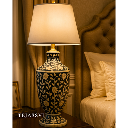 Wooden Bone Inlay Floral Pattern Lamp for Bedroom / Bone Inlay Bed Room Lamp / Bedroom Décor Lamp / Handmade Inlay Table Lamp Home Décor Accent Light