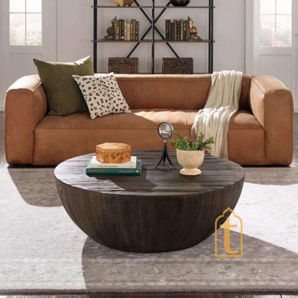 Black Coffee Table for Living Area / Handmade Drum Table Home Décor / Handmade Wooden Barrel Shape Cocktail Table / Indian Handcrafted Art.