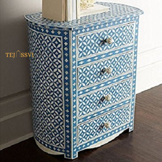 Bone Inlay Wooden Four Drawers semi round Geometric Pattern design Bedside Table/ nightstand, Bone Inlay side table, Inlay chest of drawers.