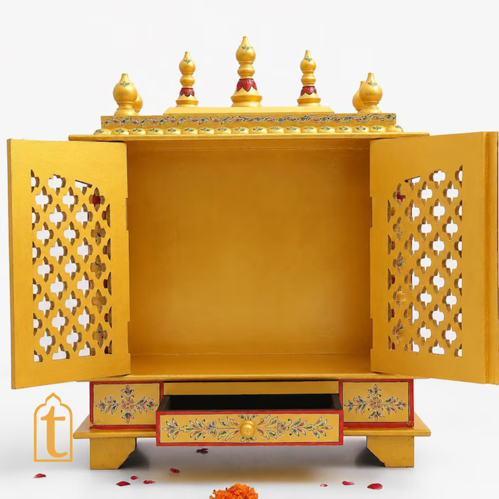 Handcrafted Wooden Temple Mandir: Gold Painted Hindu Pooja Ghar