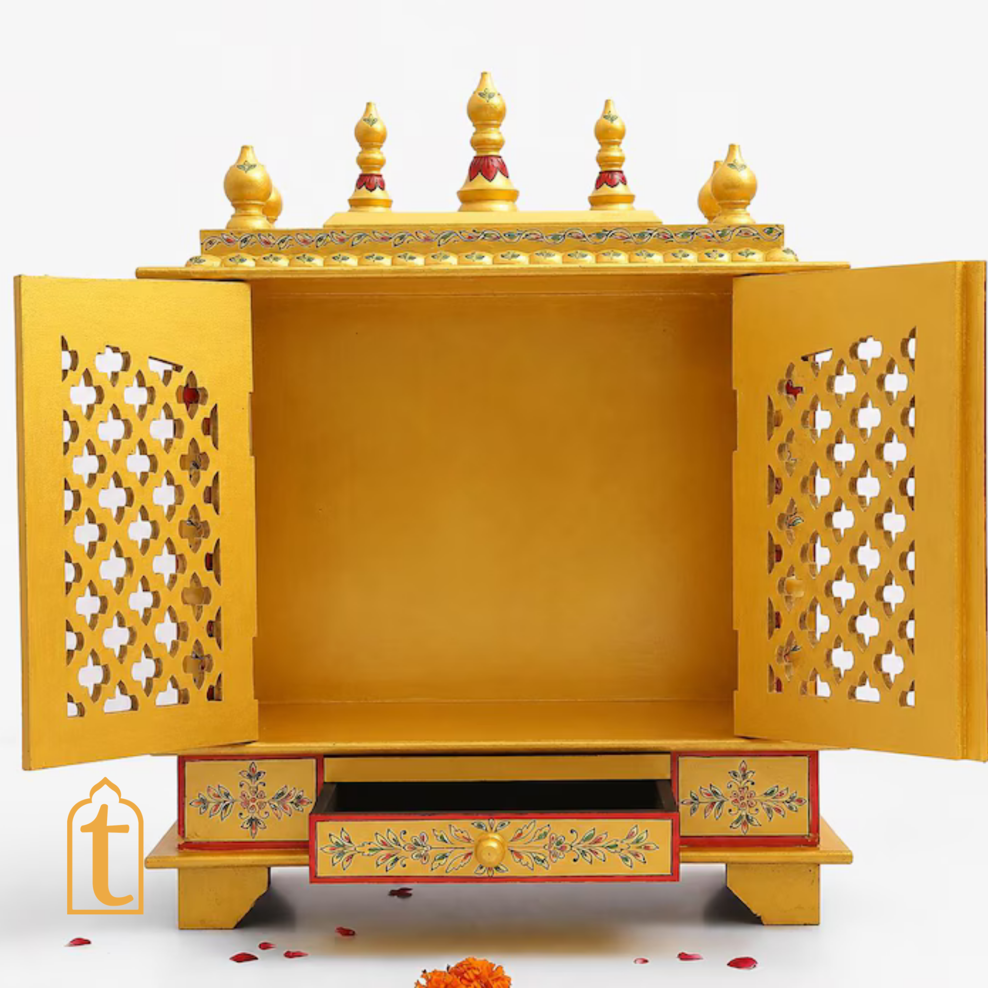 Handcrafted Wooden Temple Mandir: Gold Painted Hindu Pooja Ghar