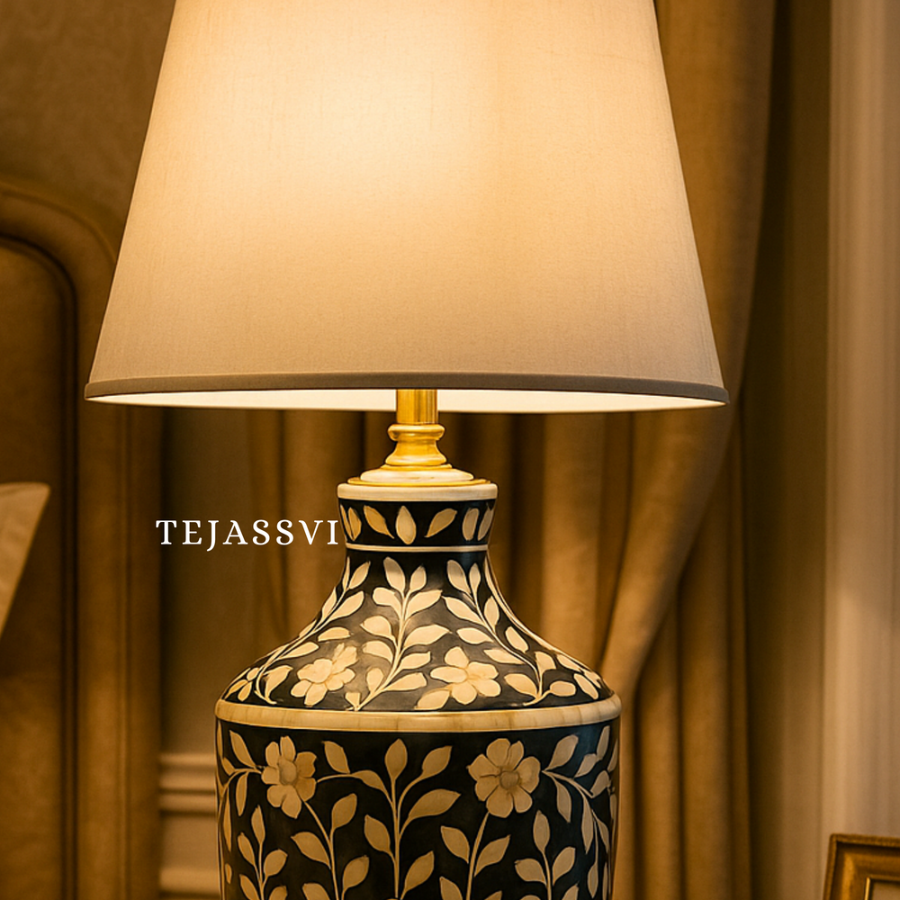 Wooden Bone Inlay Floral Pattern Lamp for Bedroom / Bone Inlay Bed Room Lamp / Bedroom Décor Lamp / Handmade Inlay Table Lamp Home Décor Accent Light