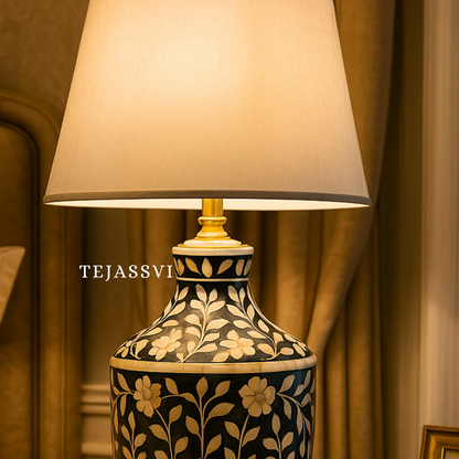 Wooden Bone Inlay Floral Pattern Lamp for Bedroom / Bone Inlay Bed Room Lamp / Bedroom Décor Lamp / Handmade Inlay Table Lamp Home Décor Accent Light