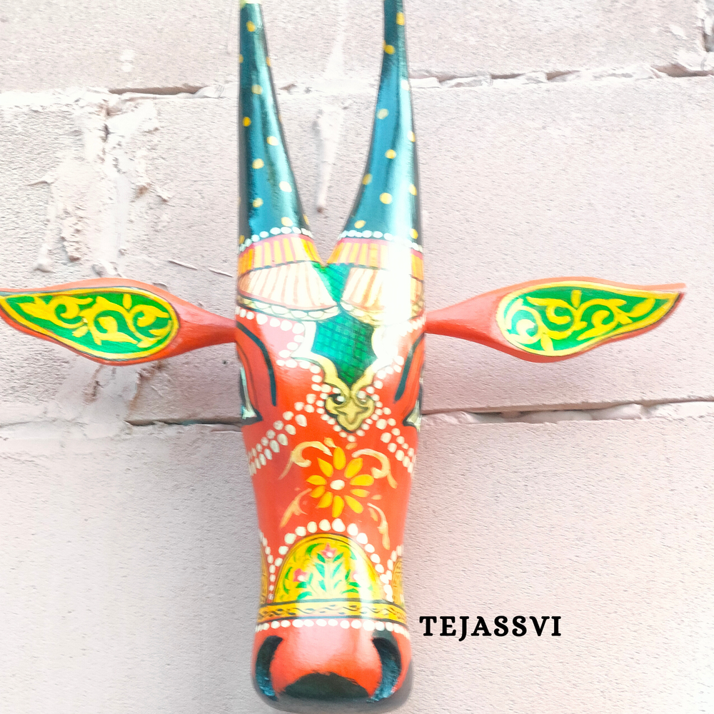 Wooden Painted Cow Head 16 Inches| Bull | Nandi Head Mask Wall Décor. Wooden Wall Hanging. Ethnic Indian Art.