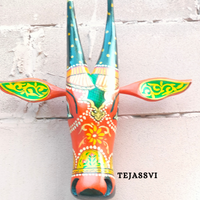 Wooden Painted Cow Head 16 Inches| Bull | Nandi Head Mask Wall Décor. Wooden Wall Hanging. Ethnic Indian Art.