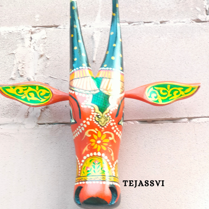 Wooden Painted Cow Head 16 Inches| Bull | Nandi Head Mask Wall Décor. Wooden Wall Hanging. Ethnic Indian Art.