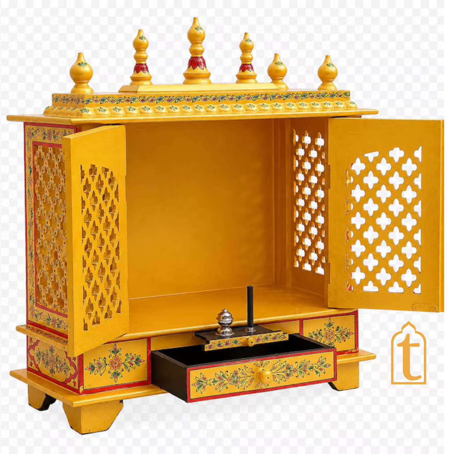 Handcrafted Wooden Temple Mandir: Gold Painted Hindu Pooja Ghar