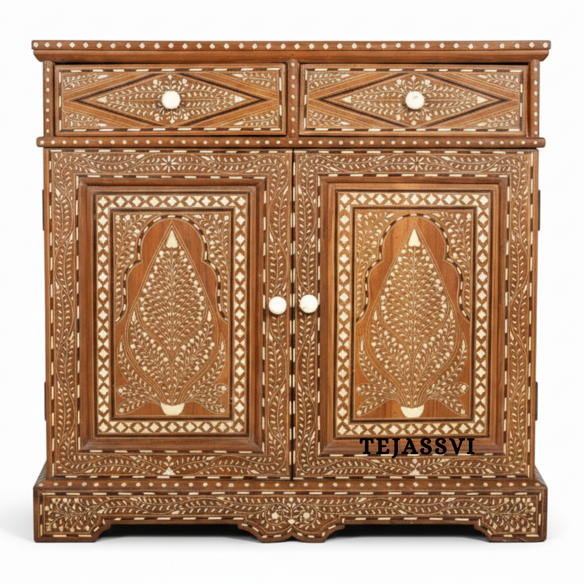 Handmade Wood Bone Inlay Modern Sideboards / Wood Bone Inlay Console | Wood Bone Inlay Cabinet With 2 Drawer & 2 Door Furniture  | Wooden Sideboards | Luxury Furniture.