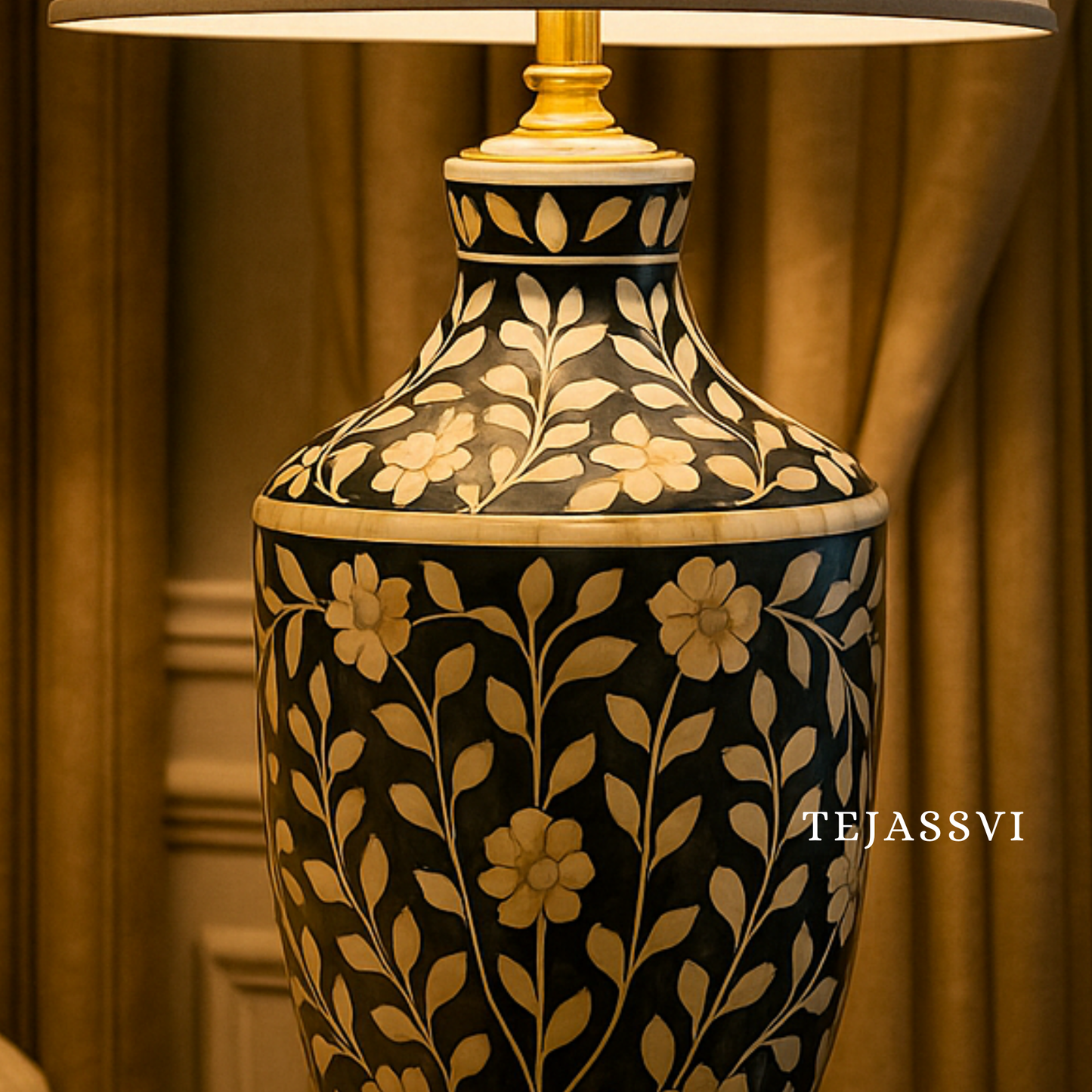 Wooden Bone Inlay Floral Pattern Lamp for Bedroom / Bone Inlay Bed Room Lamp / Bedroom Décor Lamp / Handmade Inlay Table Lamp Home Décor Accent Light