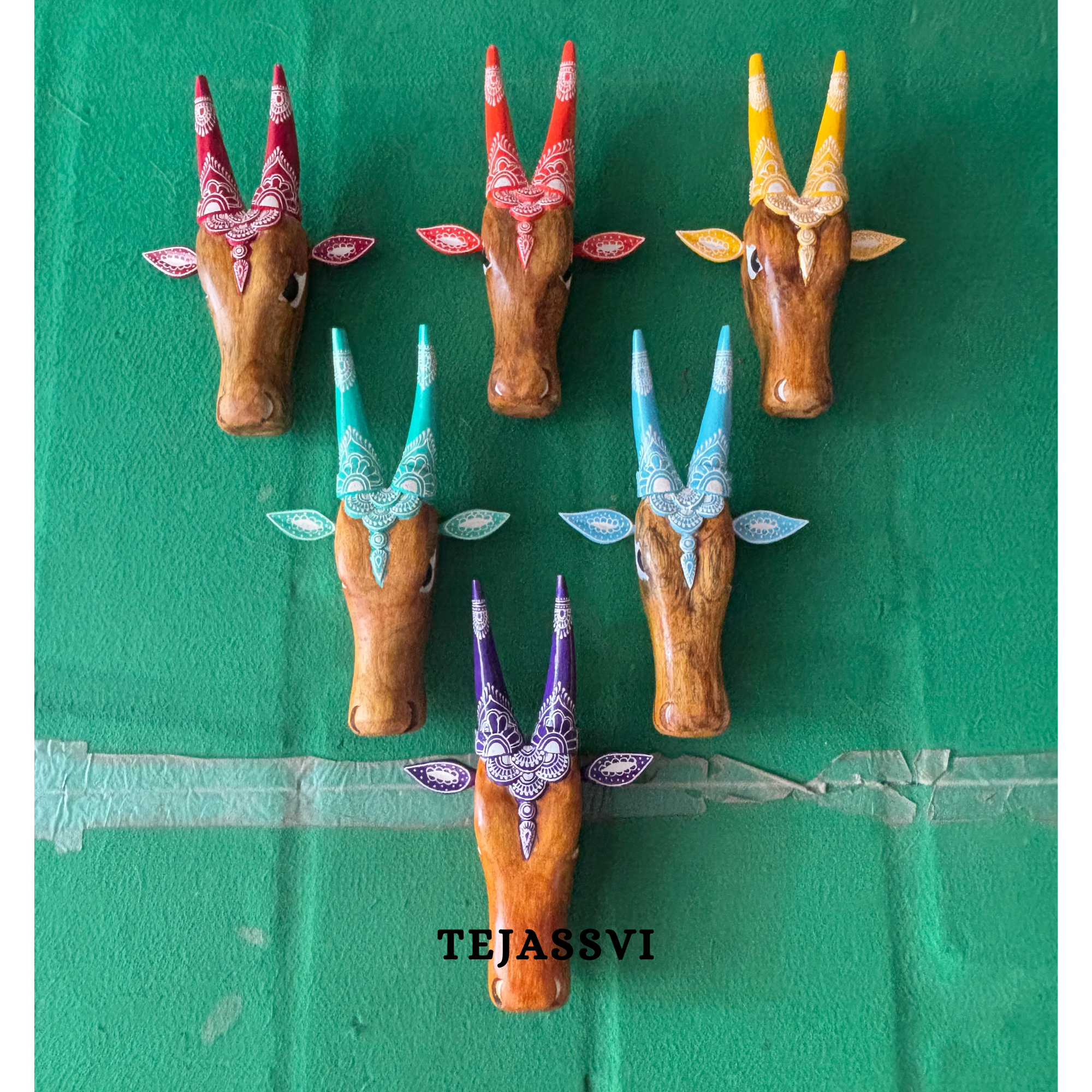 SET of 6 Wooden Painted Cow Head | Bull | Nandi Head Mask Wall Décor. Wooden Wall Hanging. Ethnic Indian Art.