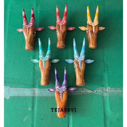 SET of 6 Wooden Painted Cow Head 16 Inches | Bull | Nandi Head Mask Wall Décor. Wooden Wall Hanging. Ethnic Indian Art.
