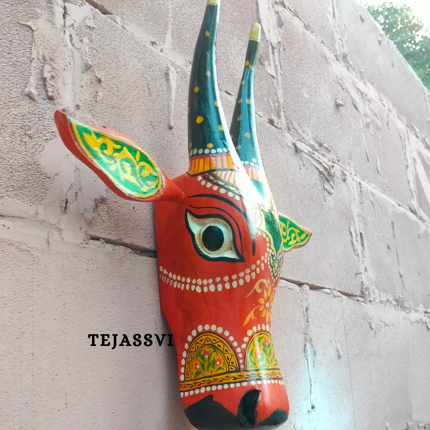 Wooden Painted Cow Head 16 Inches| Bull | Nandi Head Mask Wall Décor. Wooden Wall Hanging. Ethnic Indian Art.