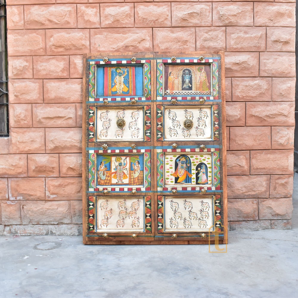 Antique Indian Door | Metal Fitted Hand painted SHRINATH Ji Wall Hanging Wall Panel Home Décor / Doors Made From Reclaimed Wood.