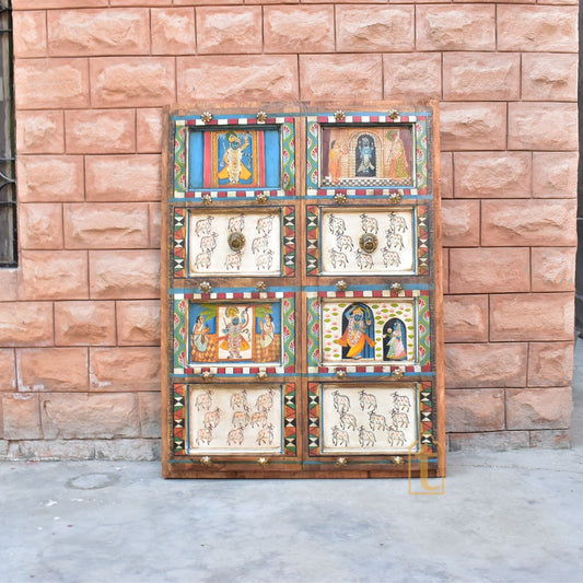 ANTIQUE Indian DOOR | Metal Fitted Hand painted SHRINATH Ji Wall Hanging Wall Panel Home Decor Doors Made From Reclaimed Wood.
