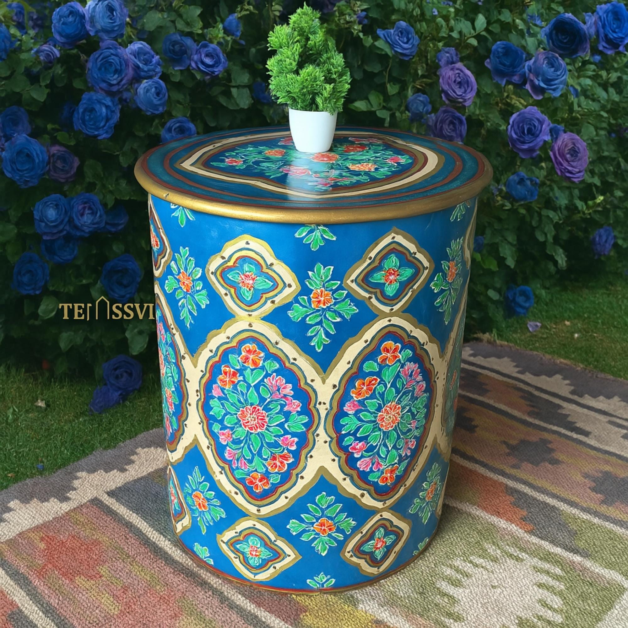 Hand-Painted Blue Wooden Table - Colorful Side Table / Unique Wood Coffee and Tea Table / Wooden Table | Hand Painted | living room | Side Table