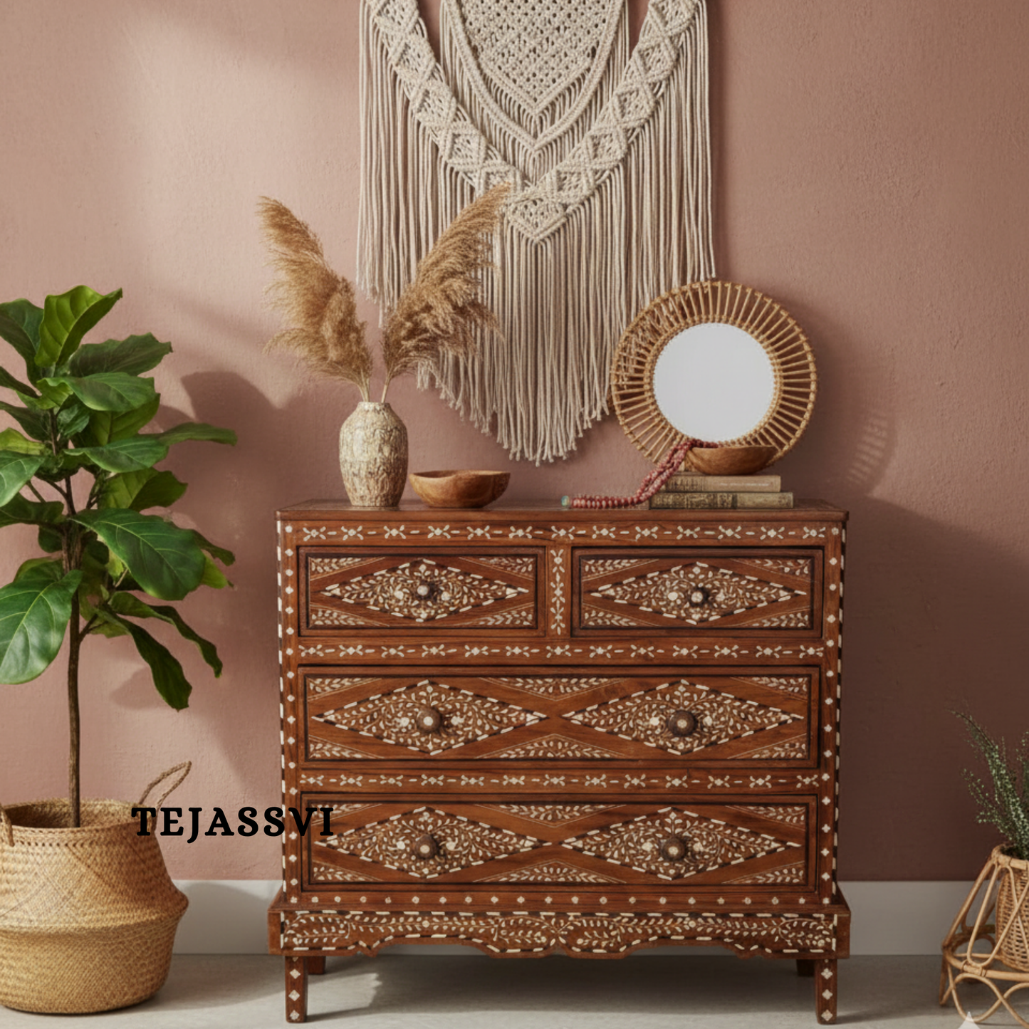 Handmade Wood Bone Inlay Modern Sideboards / Wood Bone Inlay Console | Wood Bone Inlay Cabinet With 4 Drawer Furniture  | Wooden Chest of Drawer | Luxury Furniture.