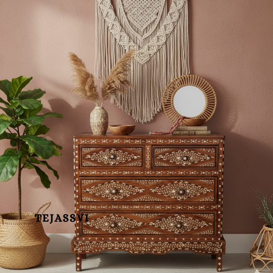 Handmade Wood Bone Inlay Modern Sideboards / Wood Bone Inlay Console | Wood Bone Inlay Cabinet With 4 Drawer Furniture  | Wooden Chest of Drawer | Luxury Furniture.