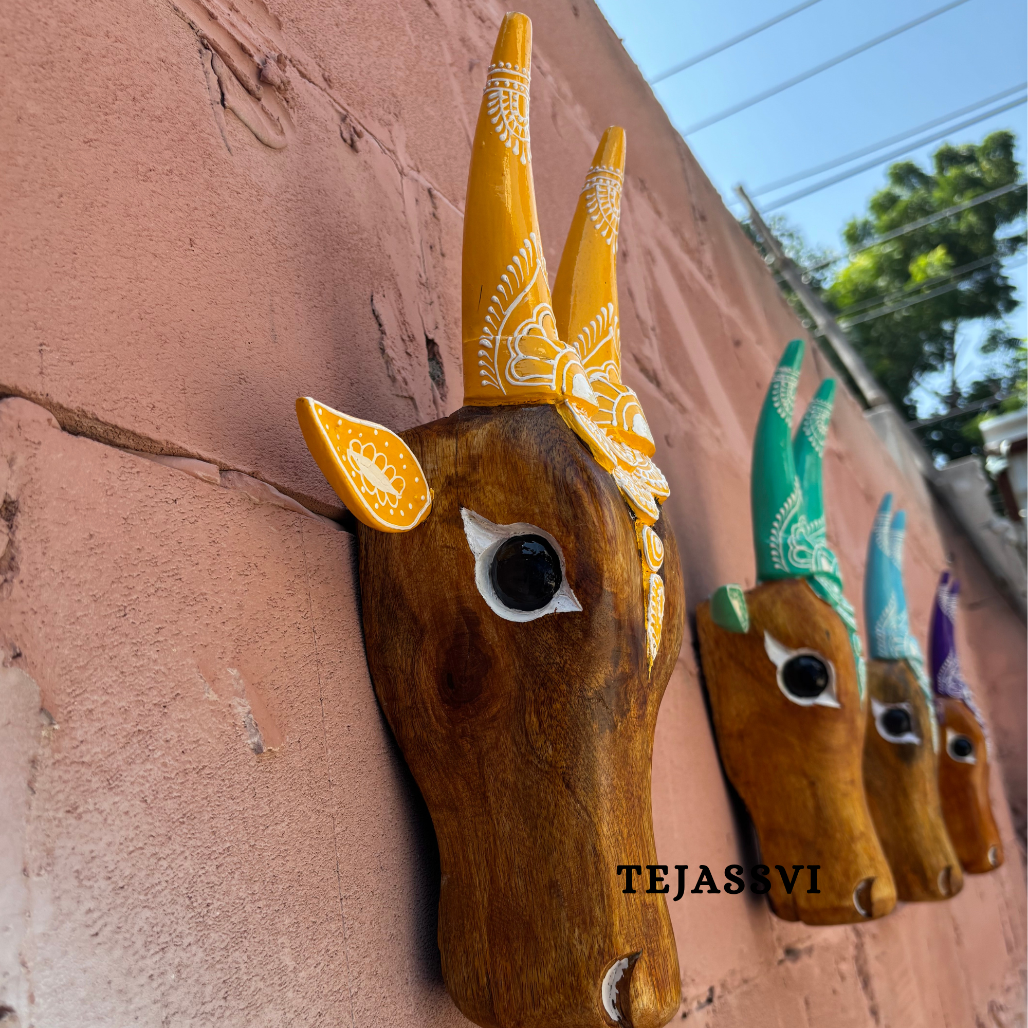 SET of 6 Wooden Painted Cow Head | Bull | Nandi Head Mask Wall Décor. Wooden Wall Hanging. Ethnic Indian Art.