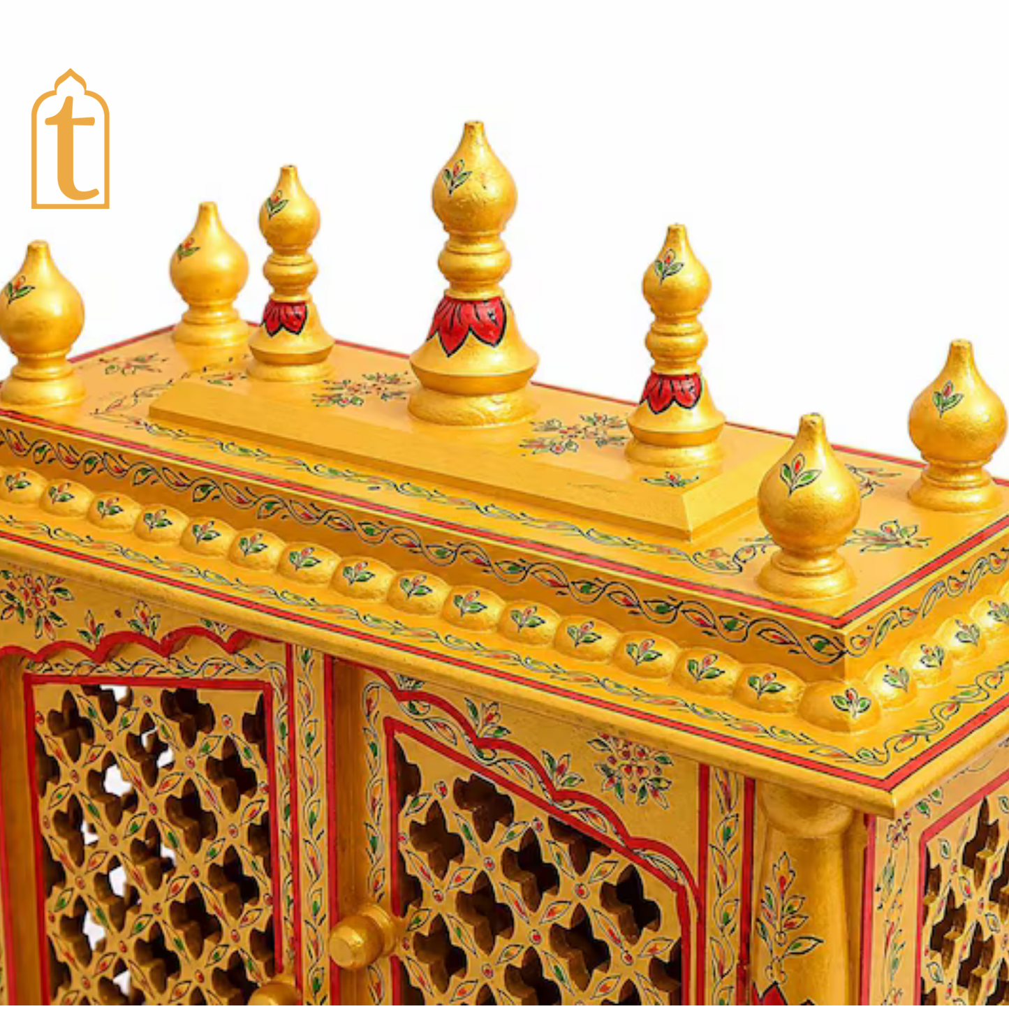 Handcrafted Wooden Temple Mandir: Gold Painted Hindu Pooja Ghar