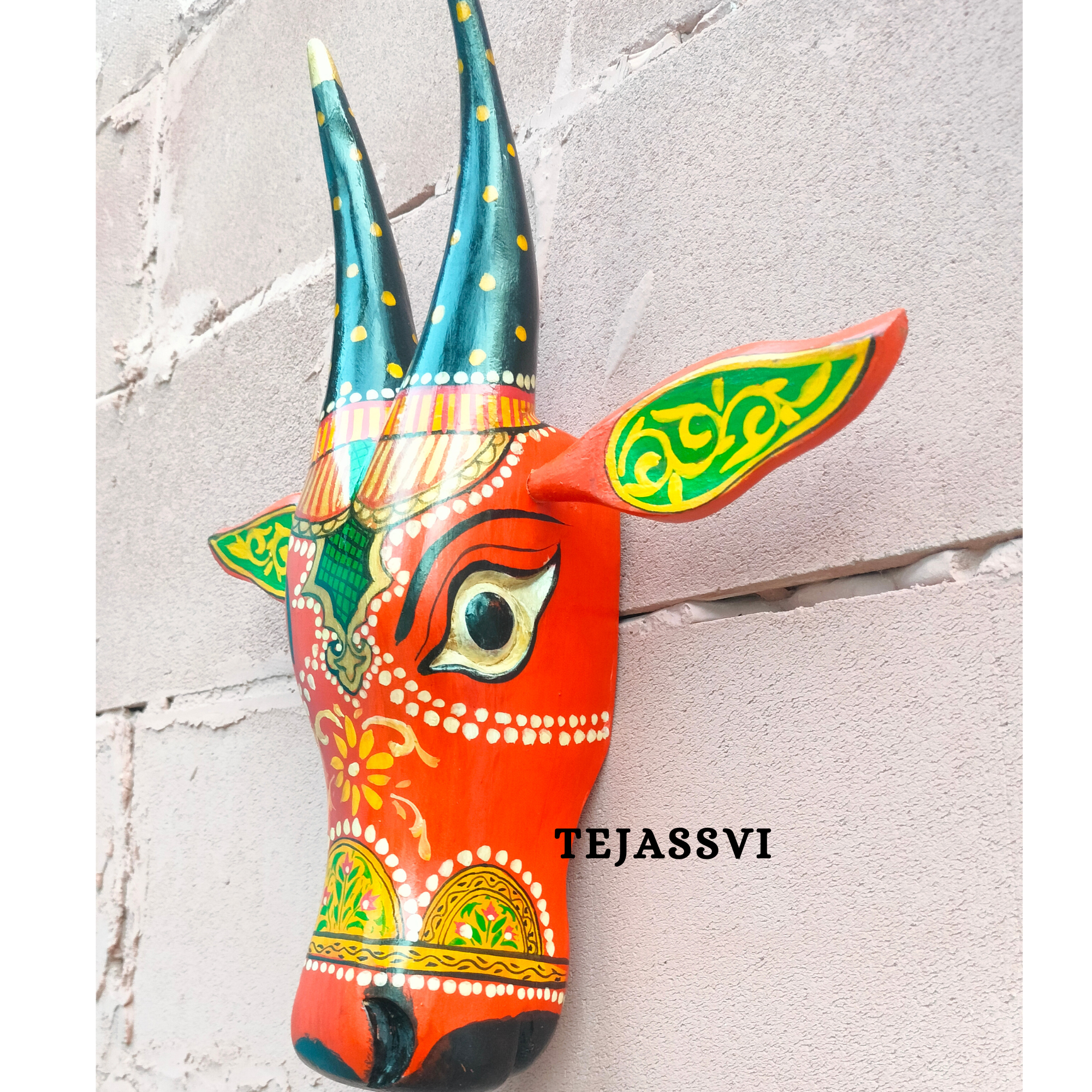 Wooden Painted Cow Head 16 Inches| Bull | Nandi Head Mask Wall Décor. Wooden Wall Hanging. Ethnic Indian Art.