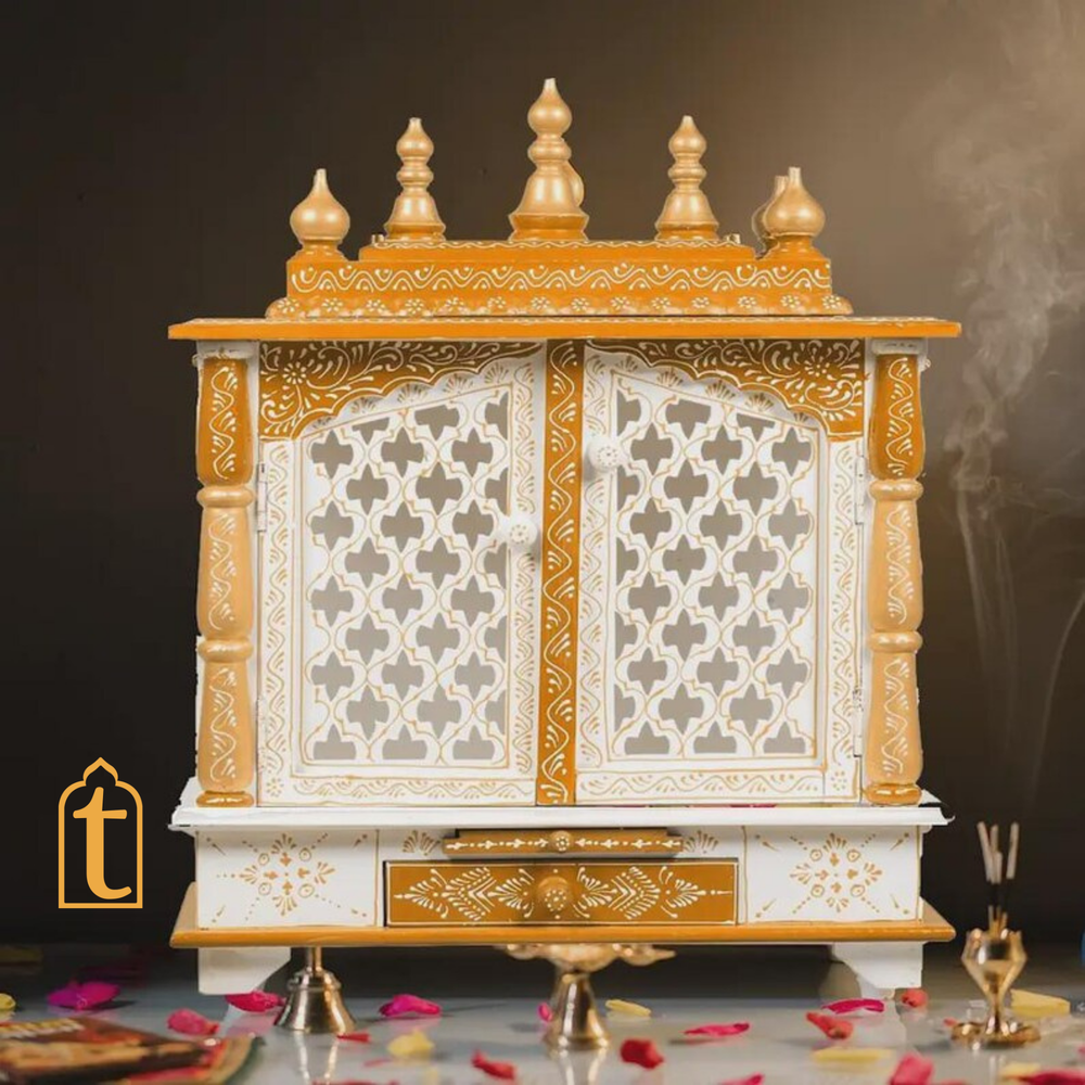 Handcrafted Wooden Hindu Temple Mandir: White & Gold Pooja Ghar