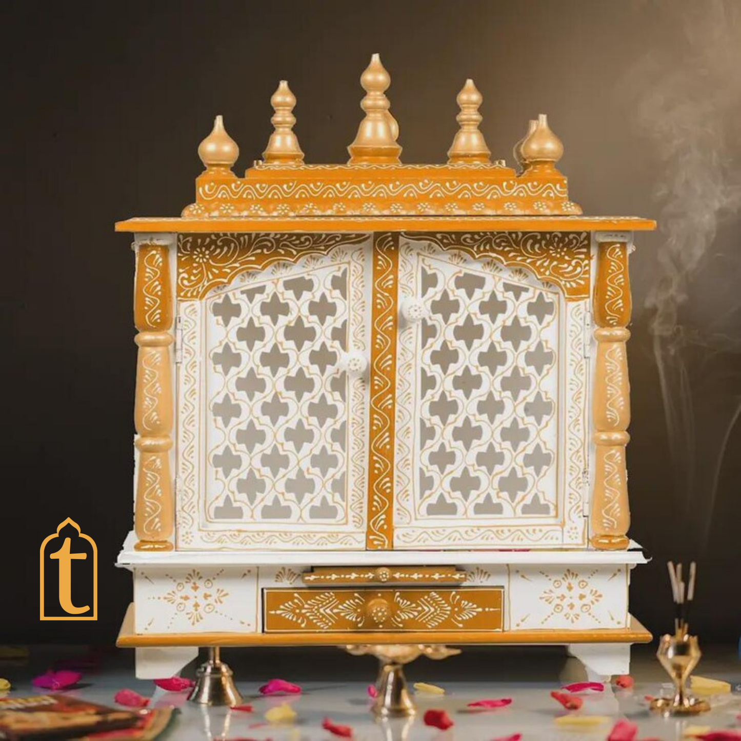 Handcrafted Wooden Hindu Temple Mandir: White & Gold Pooja Ghar