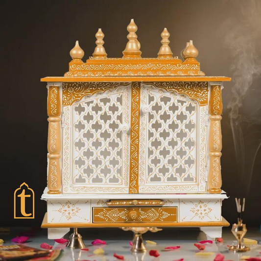 Handcrafted Wooden Hindu Temple Mandir: White & Gold Pooja Ghar