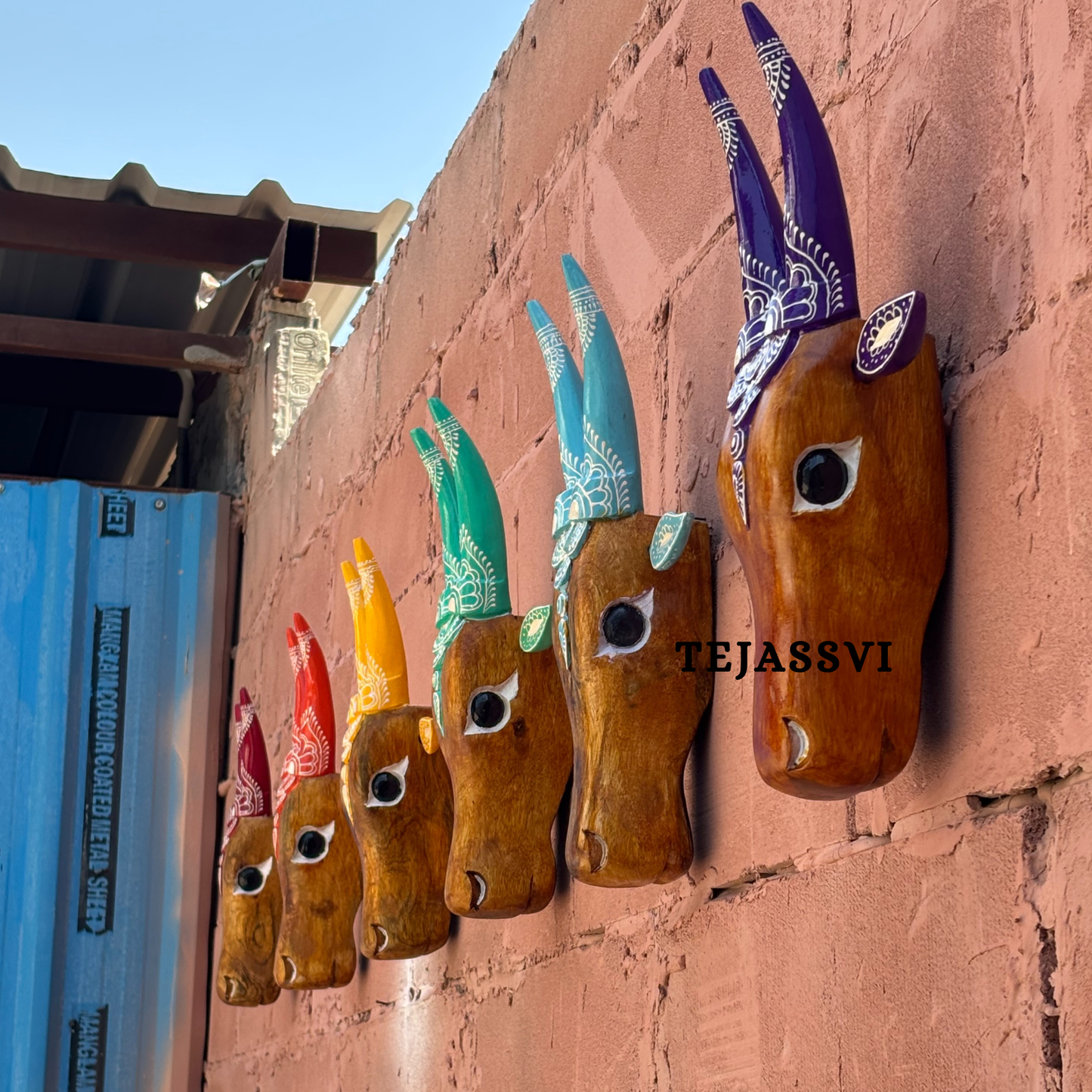 SET of 6 Wooden Painted Cow Head 16 Inches | Bull | Nandi Head Mask Wall Décor. Wooden Wall Hanging. Ethnic Indian Art.