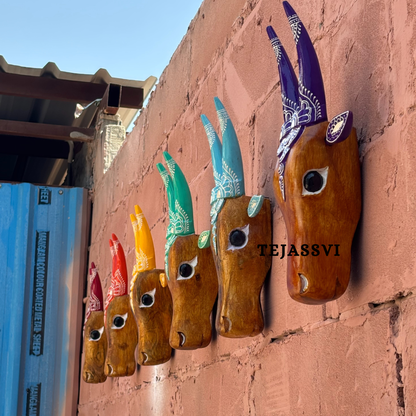 SET of 6 Wooden Painted Cow Head 16 Inches | Bull | Nandi Head Mask Wall Décor. Wooden Wall Hanging. Ethnic Indian Art.