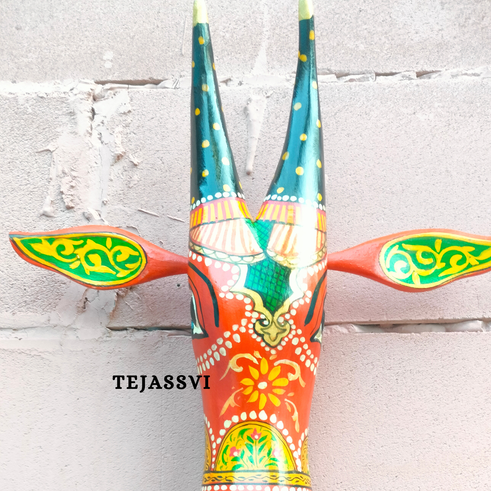 Wooden Painted Cow Head 16 Inches| Bull | Nandi Head Mask Wall Décor. Wooden Wall Hanging. Ethnic Indian Art.